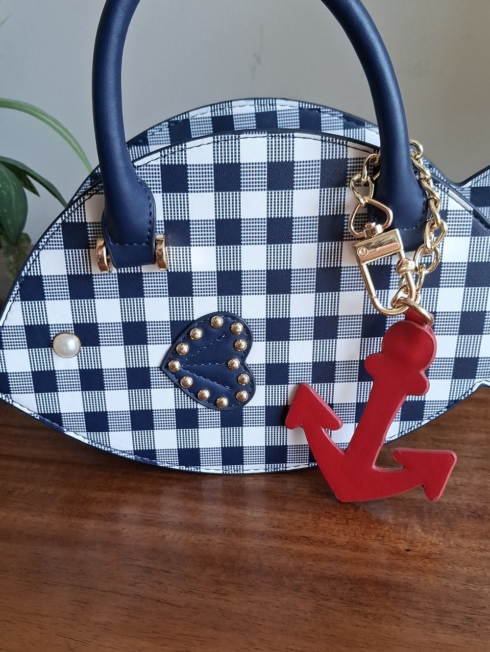 Betsey Johnson Navy & White Gingham Fish Satchel Crossbody Bag - Picture 7 of 7